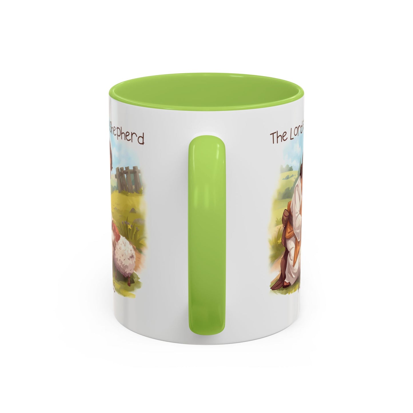 Mug - The Lord is my Shepherd Cartoon Art Design - Light Green/Blue Accent