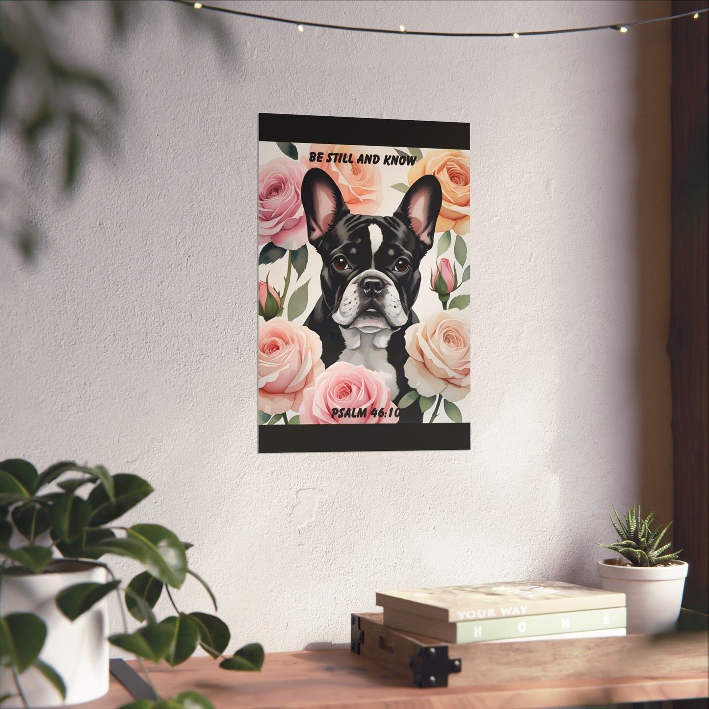 French Bulldog Wall Art – "Be Still and Know" – Psalm 46:10 Christian Dog Lover Pastel Rose Print