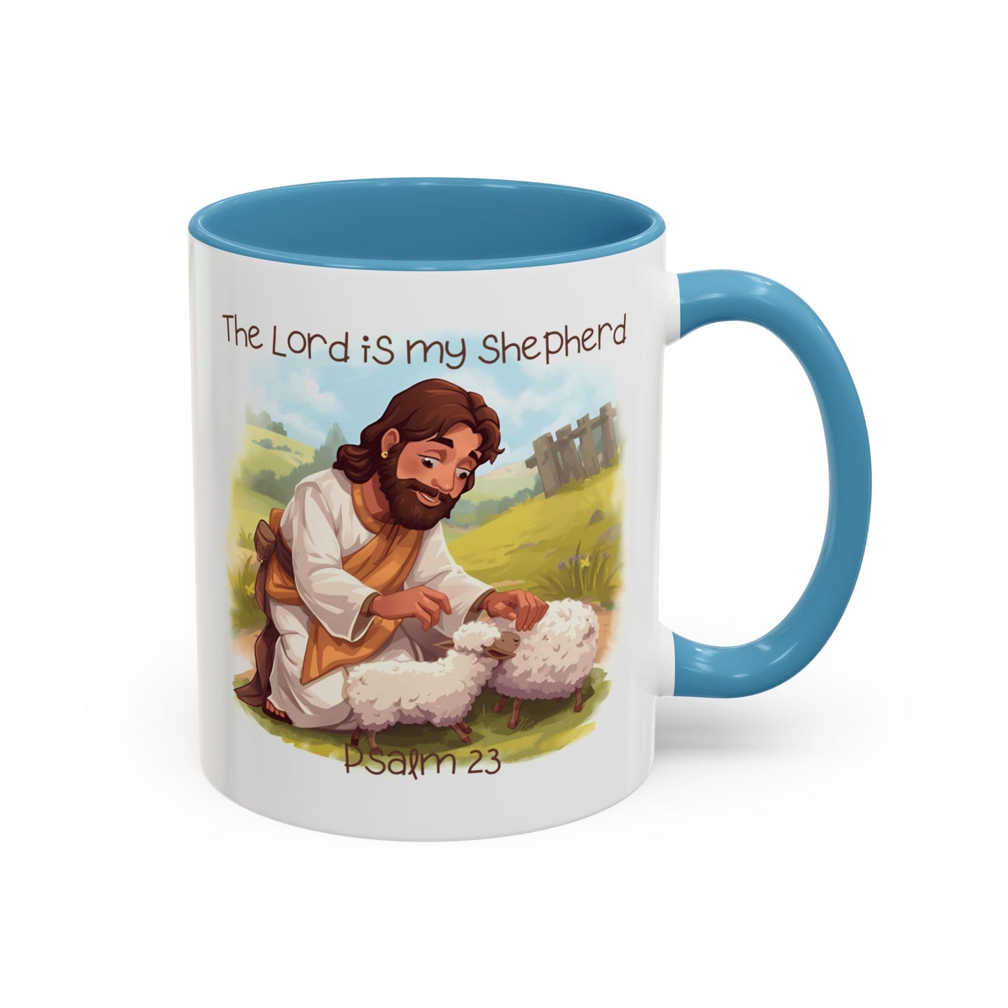 Mug - The Lord is my Shepherd Cartoon Art Design - Light Green/Blue Accent