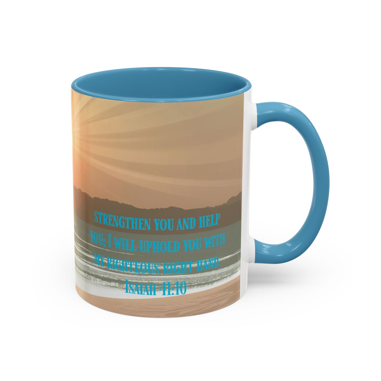 Mug - Isaiah 41:10 Beach Sunrise Gradient Design l Light Blue Accent