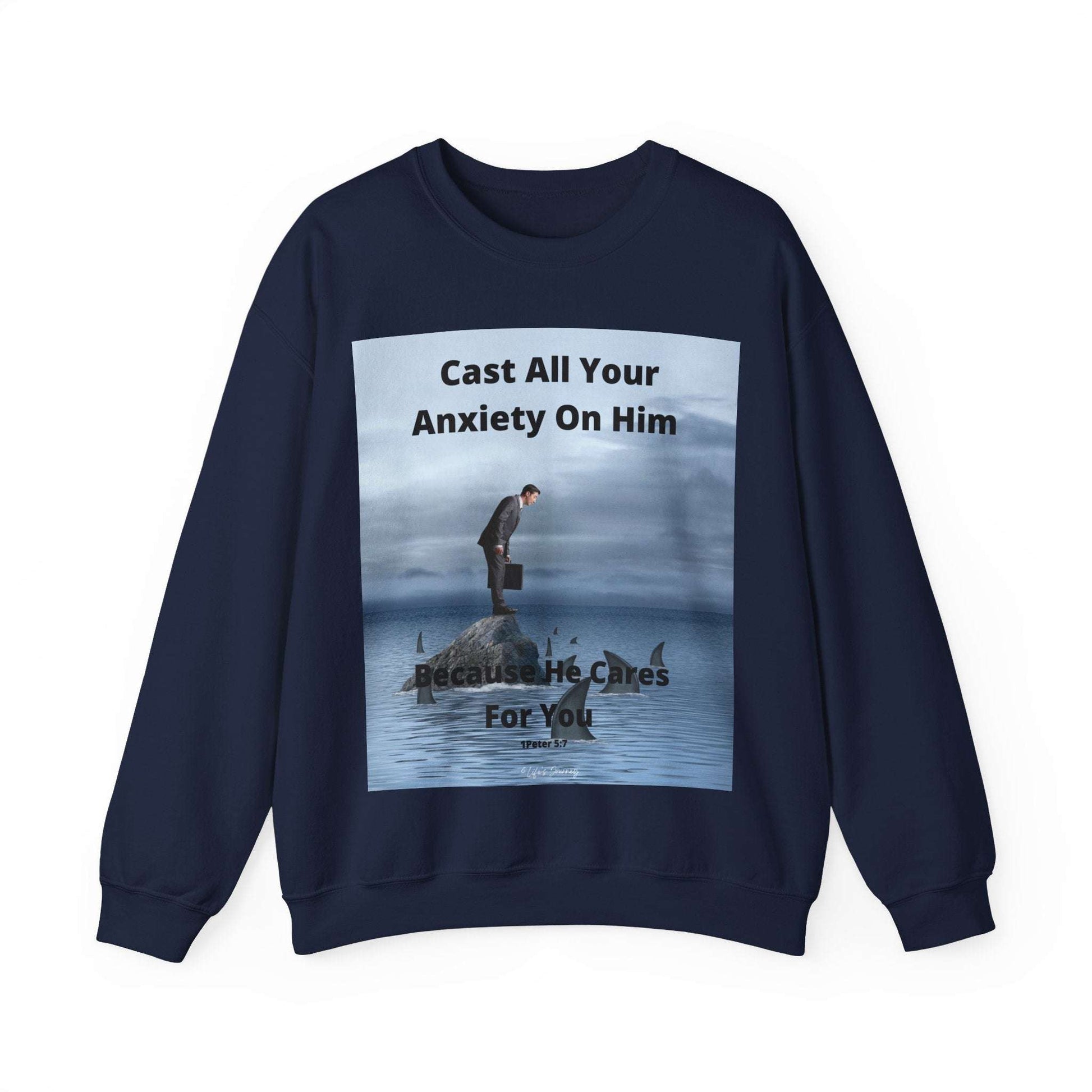 Cast Your Anxiety on Him Sweatshirt – Inspirational Christian Quote with Sharks & Rocks Design