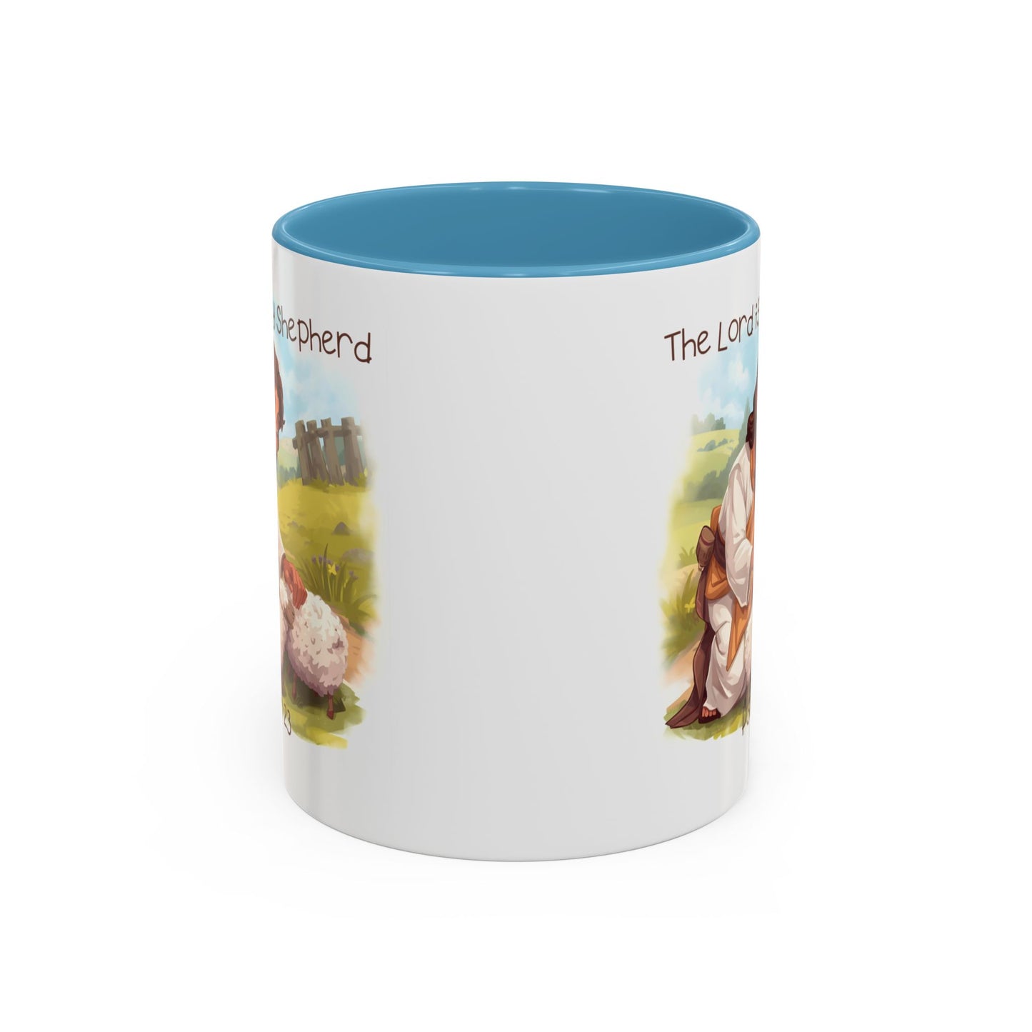 Mug - The Lord is my Shepherd Cartoon Art Design - Light Green/Blue Accent