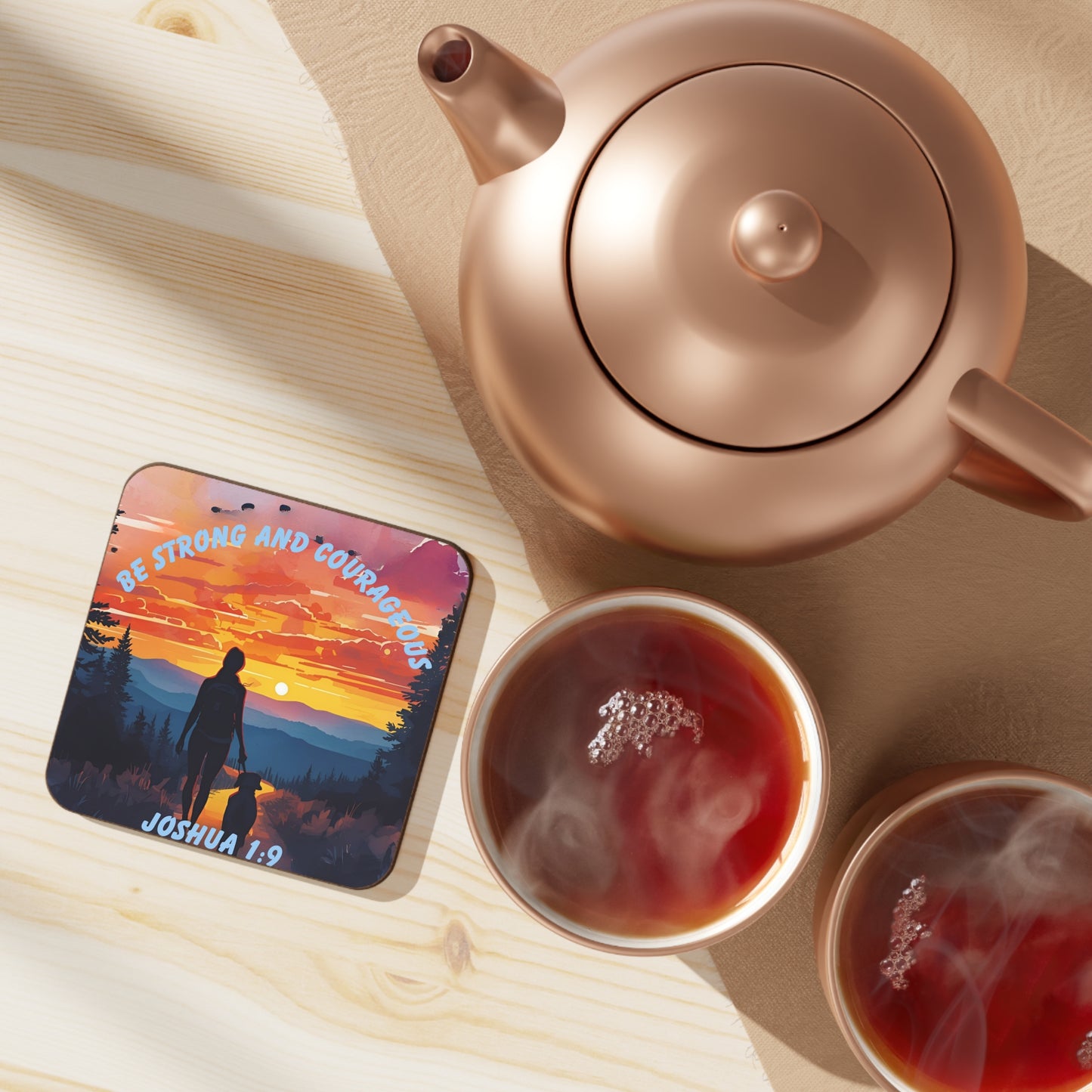 Joshua 1:9 Coaster – Be Strong and Courageous | Christian Mountain Sunrise Dog Walk Design