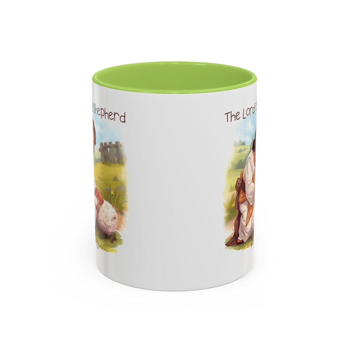 Mug - The Lord is my Shepherd Cartoon Art Design - Light Green/Blue Accent