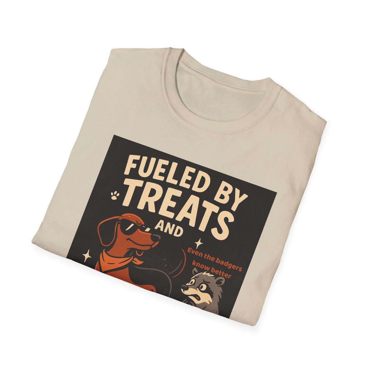 Funny Dachshund T-Shirt – "Fueled by Treats and Unchecked Confidence" with Badger Design