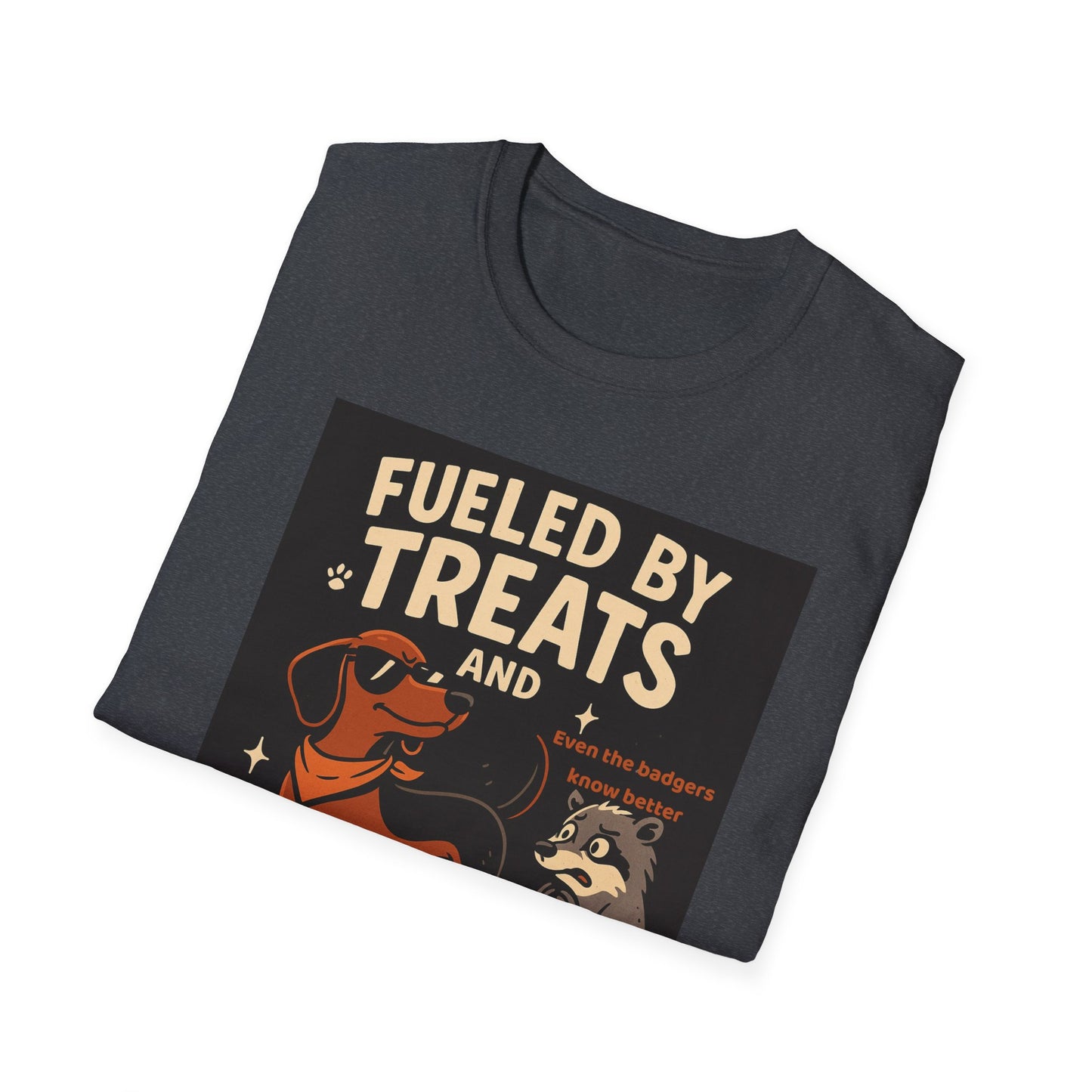Funny Dachshund T-Shirt – "Fueled by Treats and Unchecked Confidence" with Badger Design