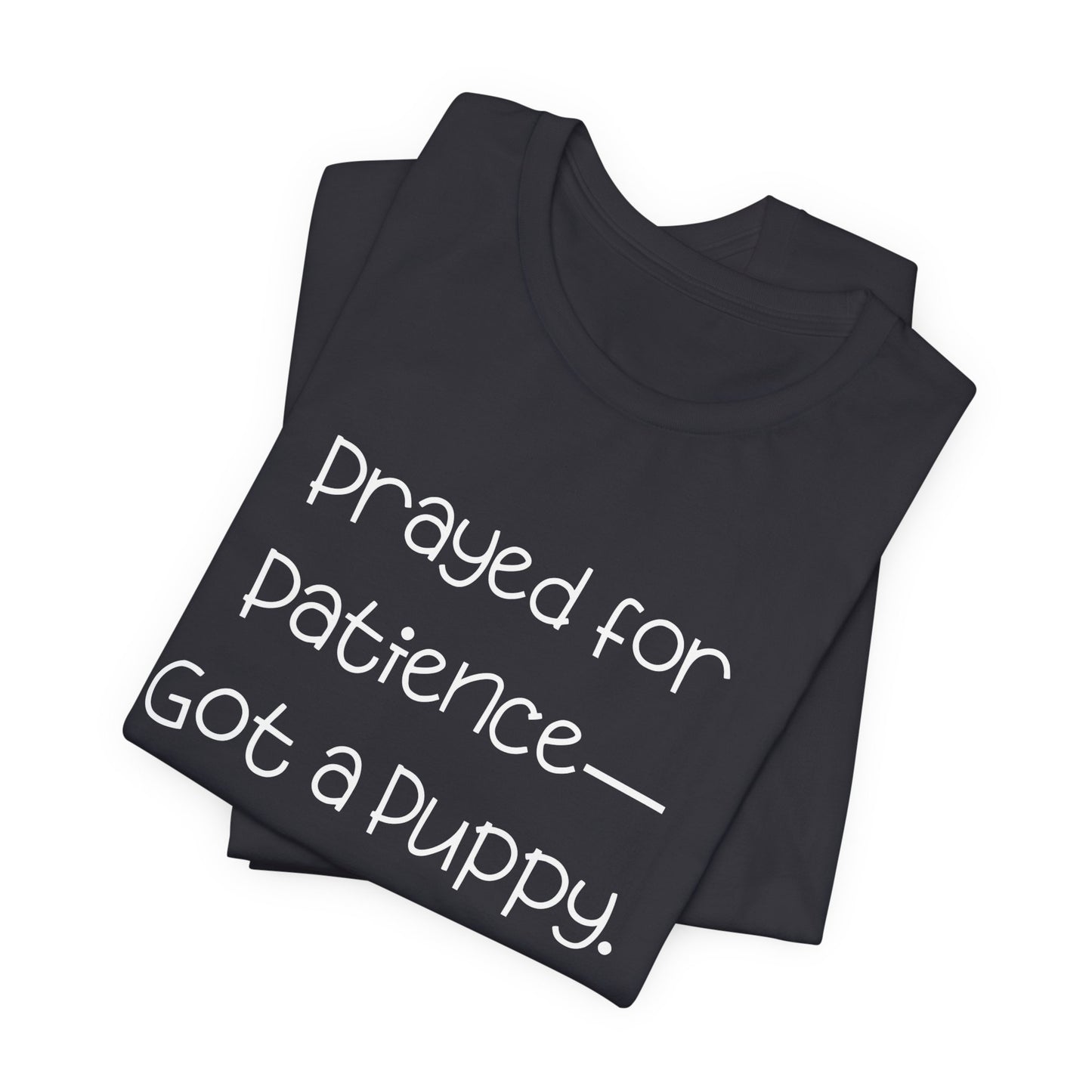 Funny Dog Lover T-Shirt – “Prayed for Patience, Got a Puppy” Christian Pet Humor Tee – God Has Jokes and They Chew Shoes