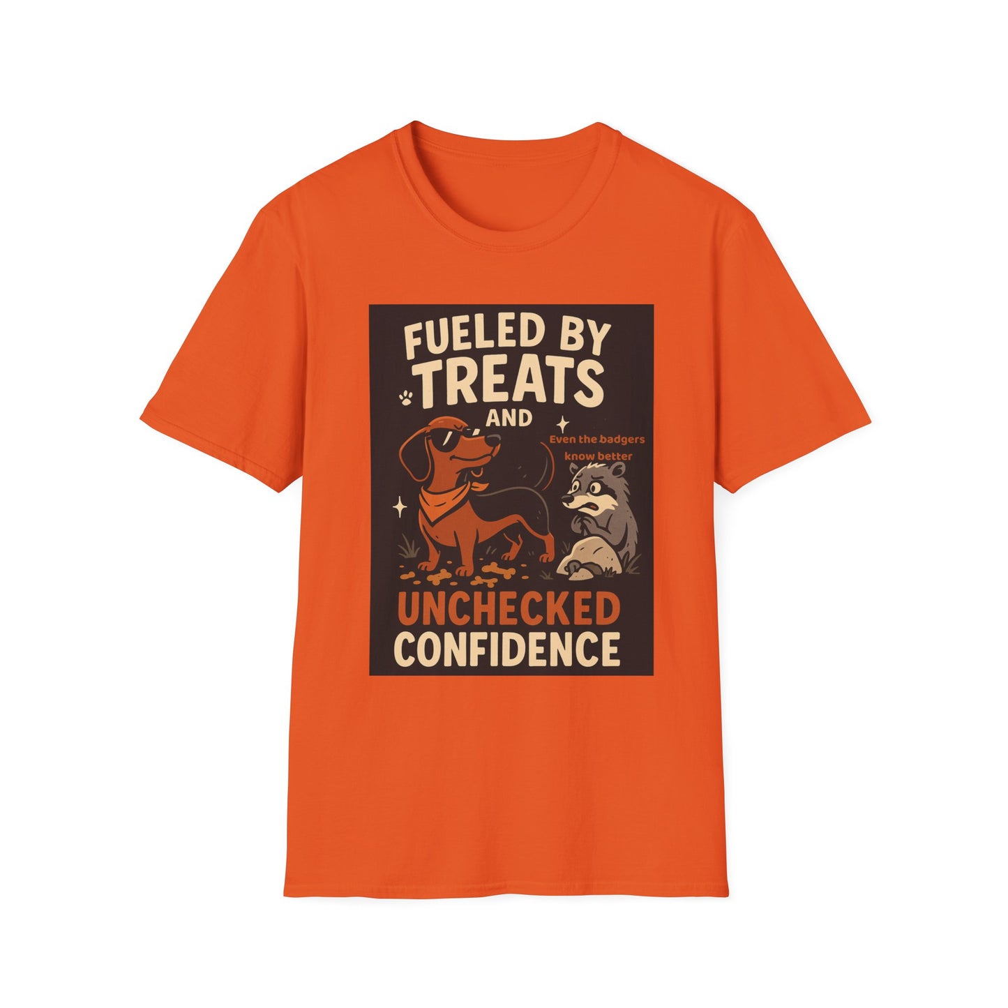 Funny Dachshund T-Shirt – "Fueled by Treats and Unchecked Confidence" with Badger Design