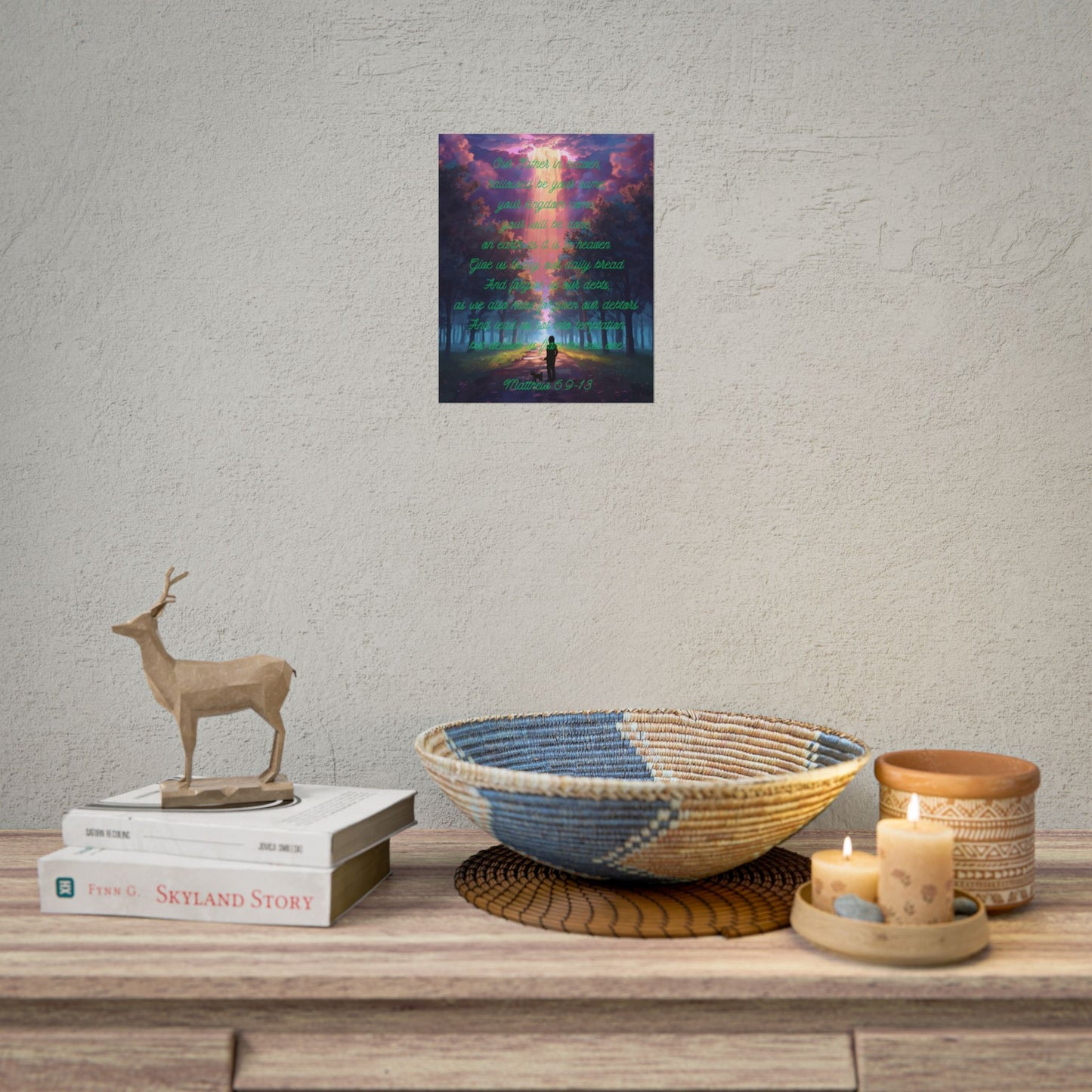 Lord’s Prayer Wall Poster – Woman & Dog Silhouette on Forest Trail with Light Rays | Matthew 6:9-13 Scripture Art