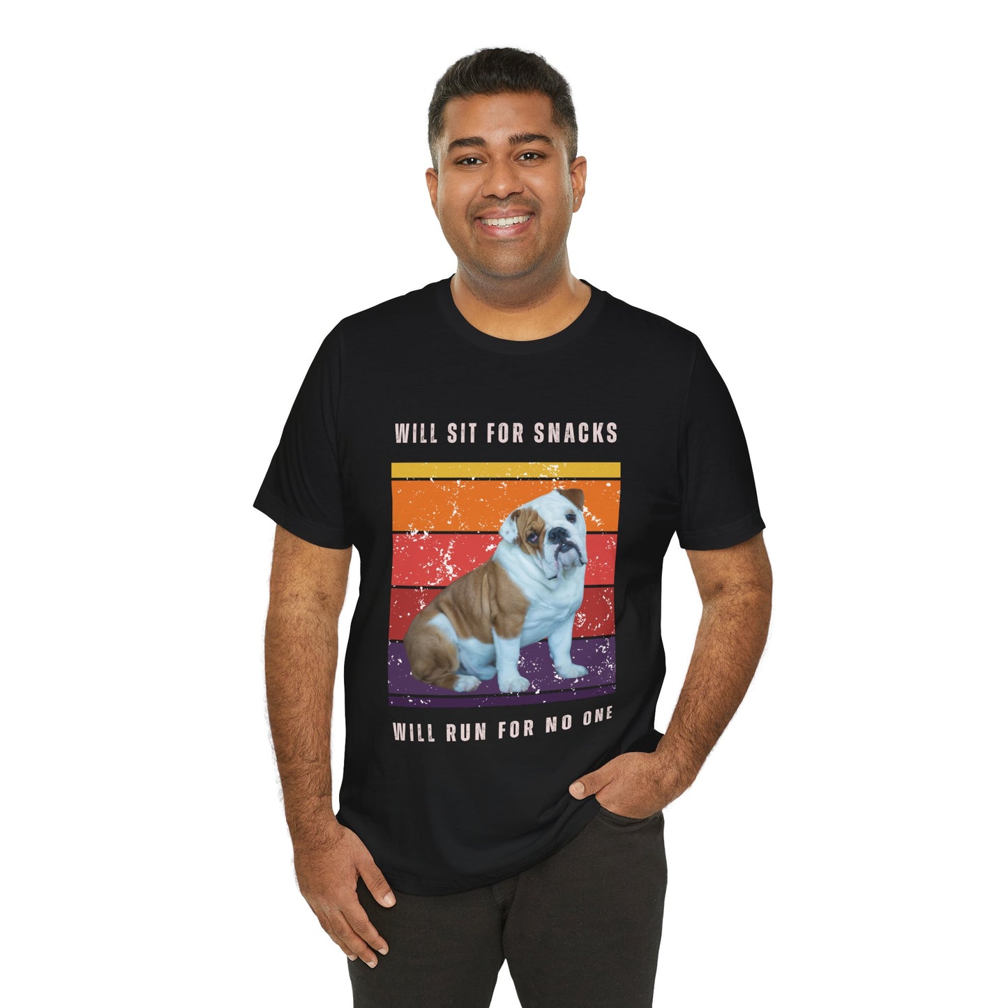 Retro Vintage English Bulldog T-Shirt – “Will Sit for Snacks, Will Run for No One” Funny Dog Lover Tee