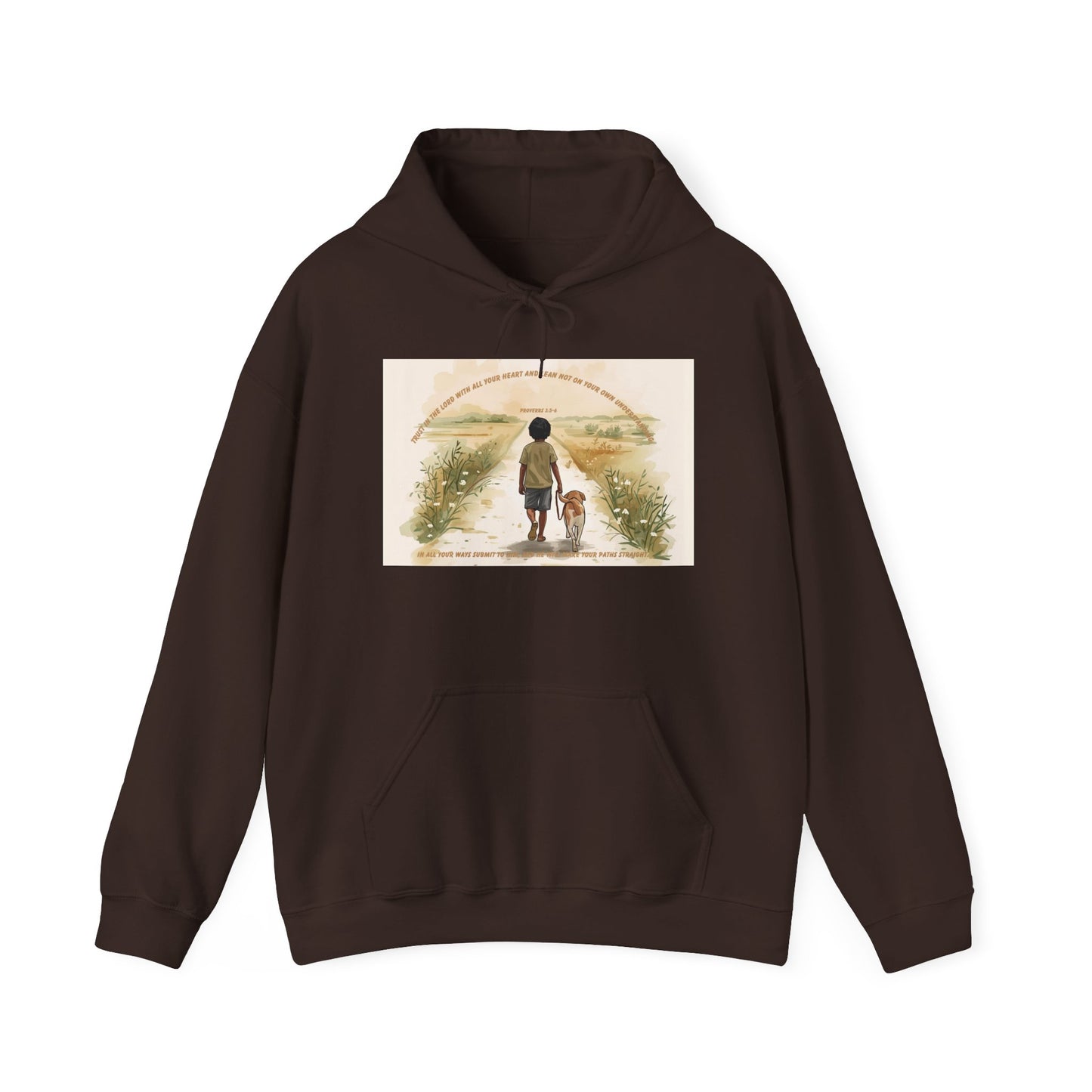 Proverbs 3:5–6 Christian Hoodie – Trust in the Lord | Dog and Child Walking Path Hooded Sweatshirt