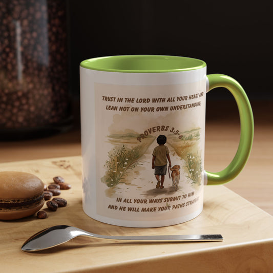 Proverbs 3:5–6 Christian Mug – Trust in the Lord | Dog and Child Walking Path Light Green Accent Coffee Cup
