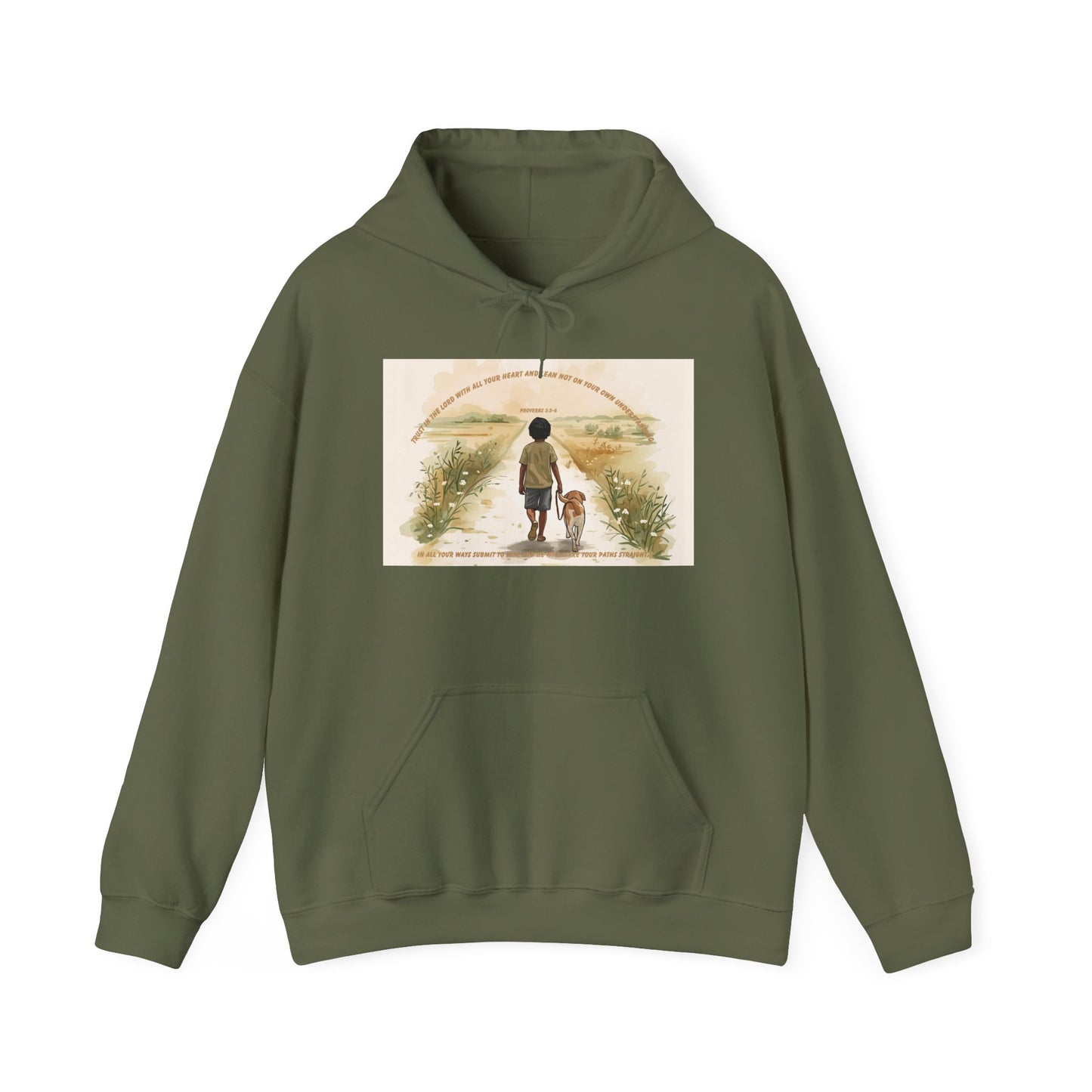 Proverbs 3:5–6 Christian Hoodie – Trust in the Lord | Dog and Child Walking Path Hooded Sweatshirt