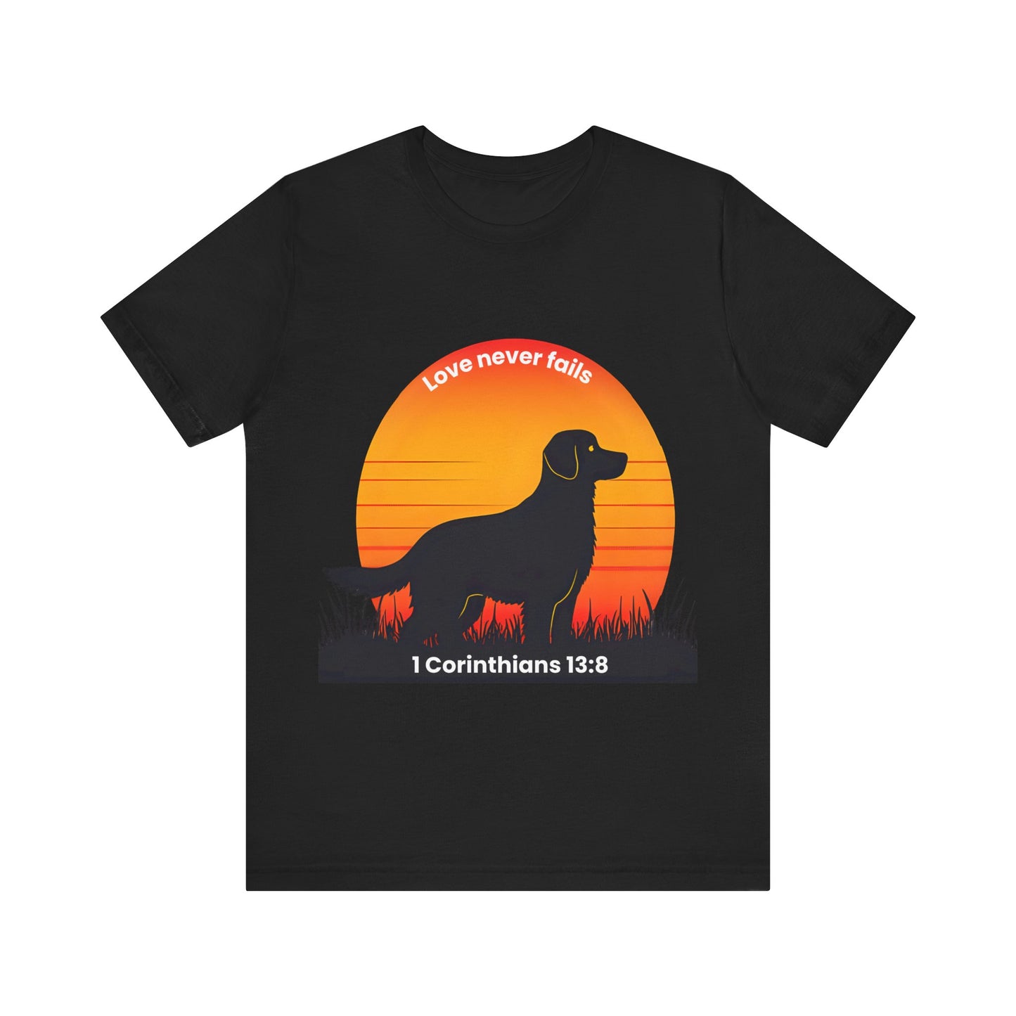 Love Never Fails – 1 Corinthians 13:8 Golden Retriever Sunrise Meadow T-Shirt