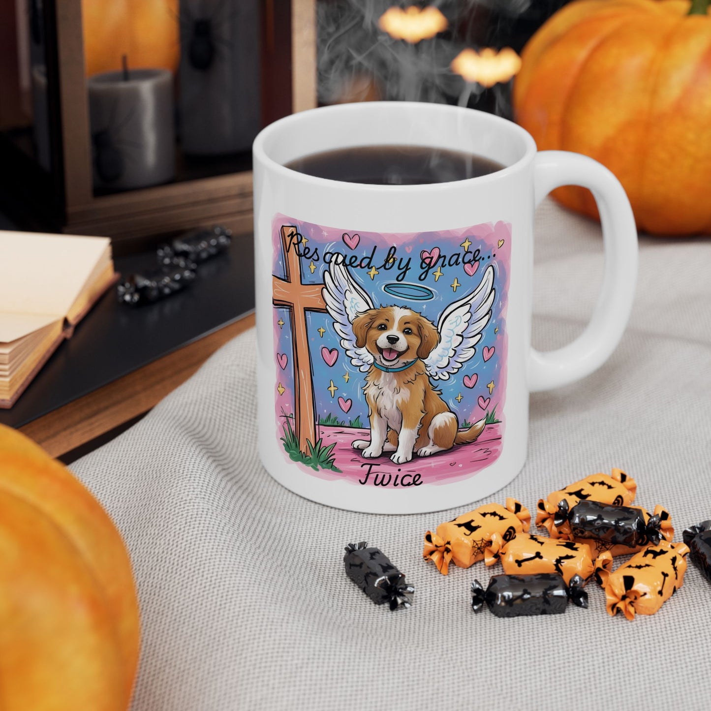 "Saved by Grace – Twice" Dog Angel Wings Faith Mug