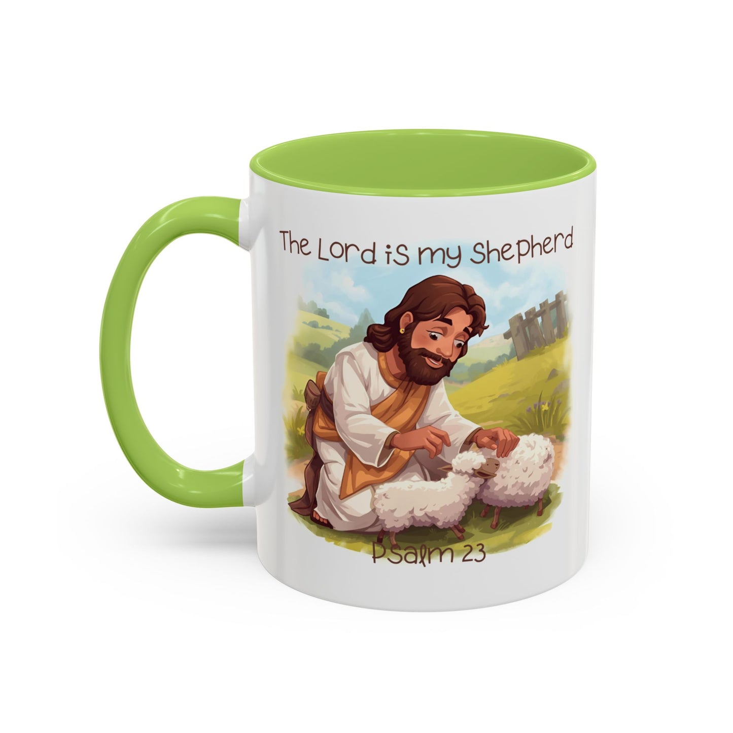 Mug - The Lord is my Shepherd Cartoon Art Design - Light Green/Blue Accent
