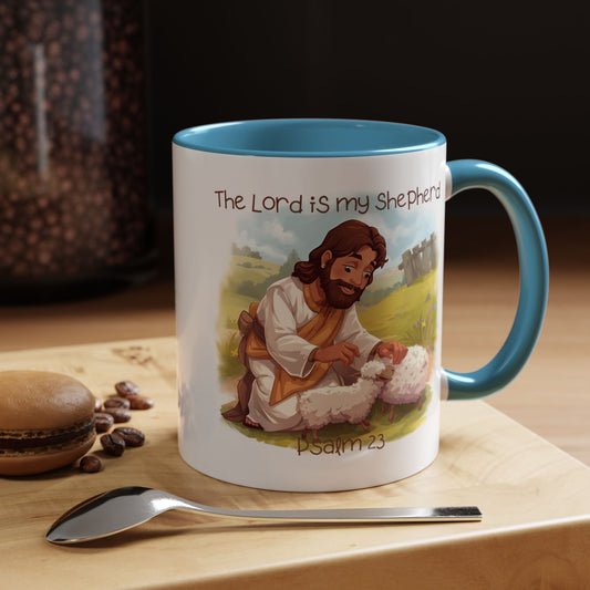 Mug - The Lord is my Shepherd Cartoon Art Design - Light Green/Blue Accent