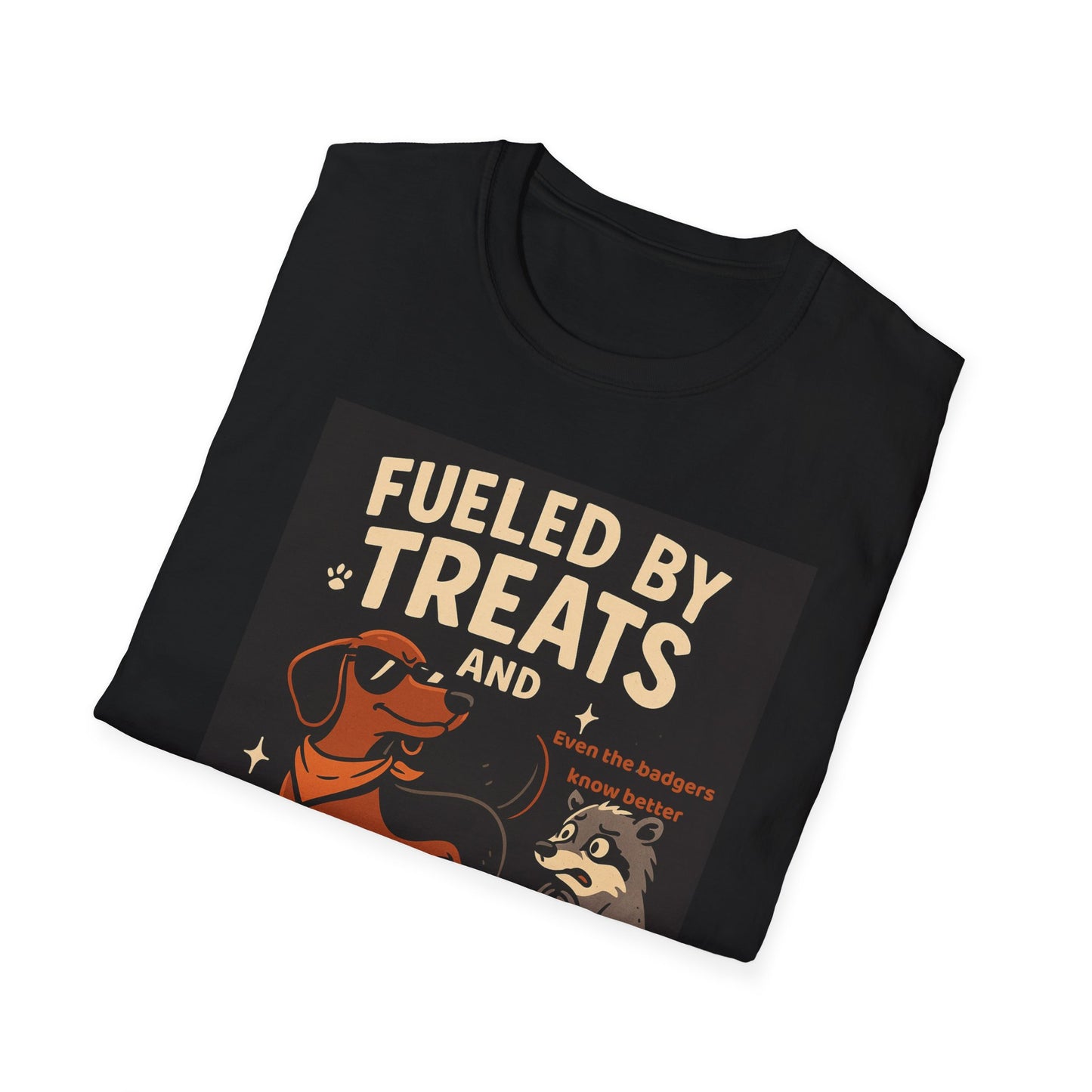 Funny Dachshund T-Shirt – "Fueled by Treats and Unchecked Confidence" with Badger Design