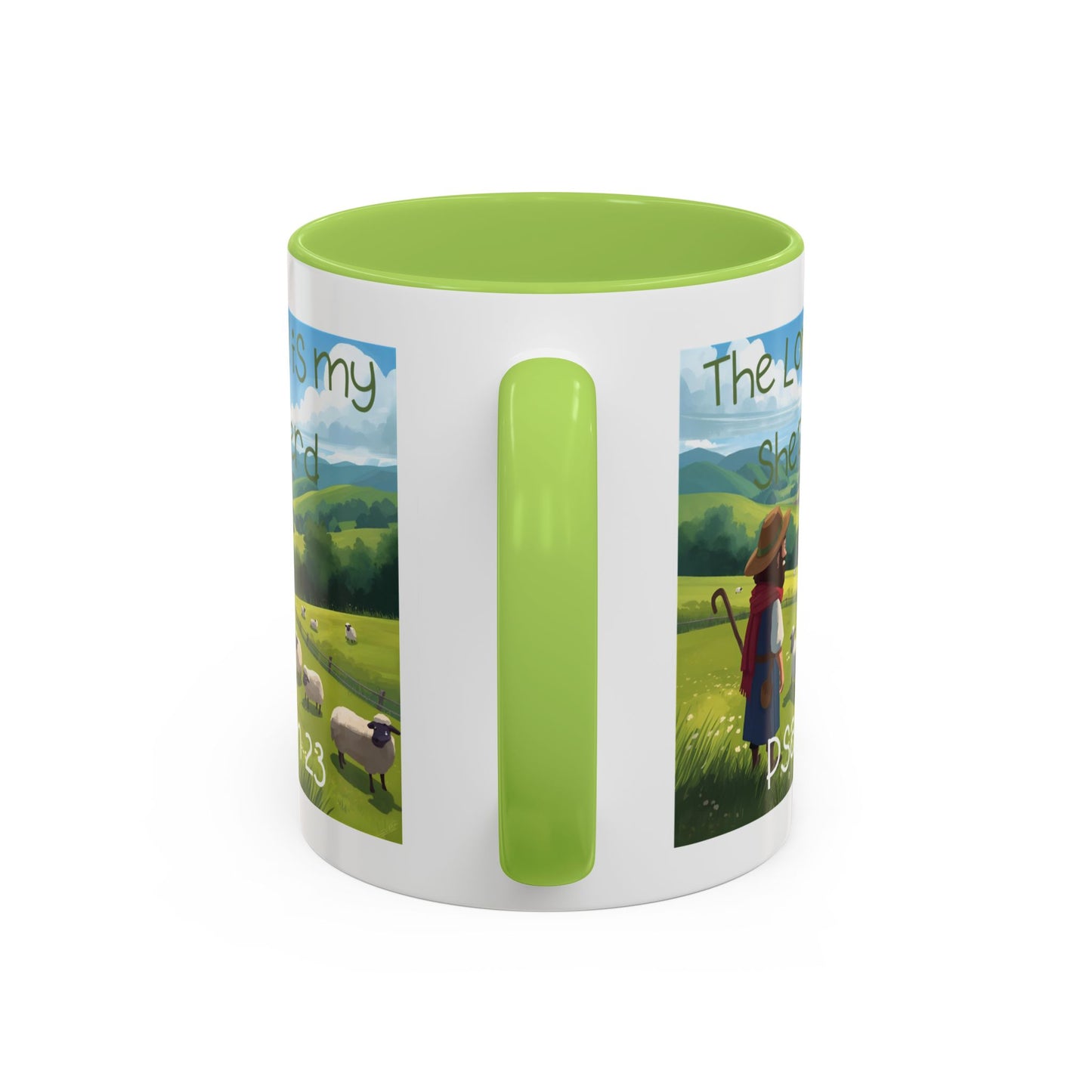 Mug with Psalm 23 Cartoon Style Design Shepherd Watching Over His Sheep in Pasture