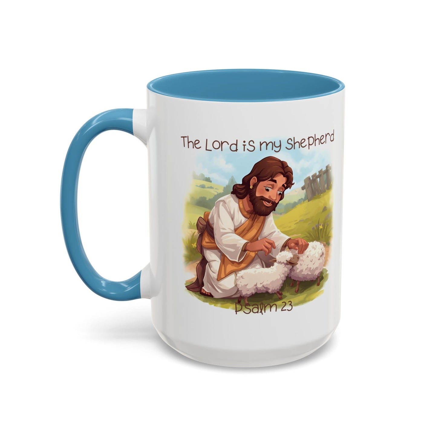 Mug - The Lord is my Shepherd Cartoon Art Design - Light Green/Blue Accent