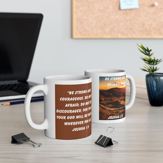 Joshua 1:9 Mug – Sunrise Winding Path Christian Coffee Cup with Woman and Dog Silhouette “Be Strong and Courageous”