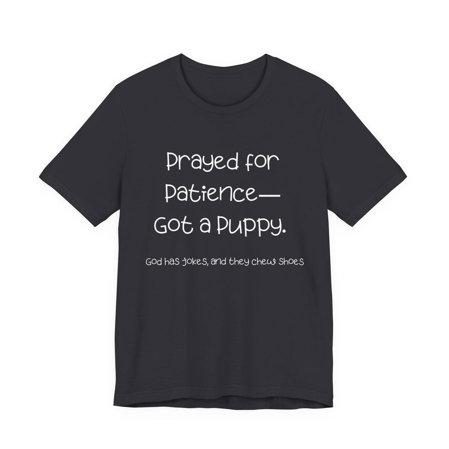 Funny Dog Lover T-Shirt – “Prayed for Patience, Got a Puppy” Christian Pet Humor Tee – God Has Jokes and They Chew Shoes