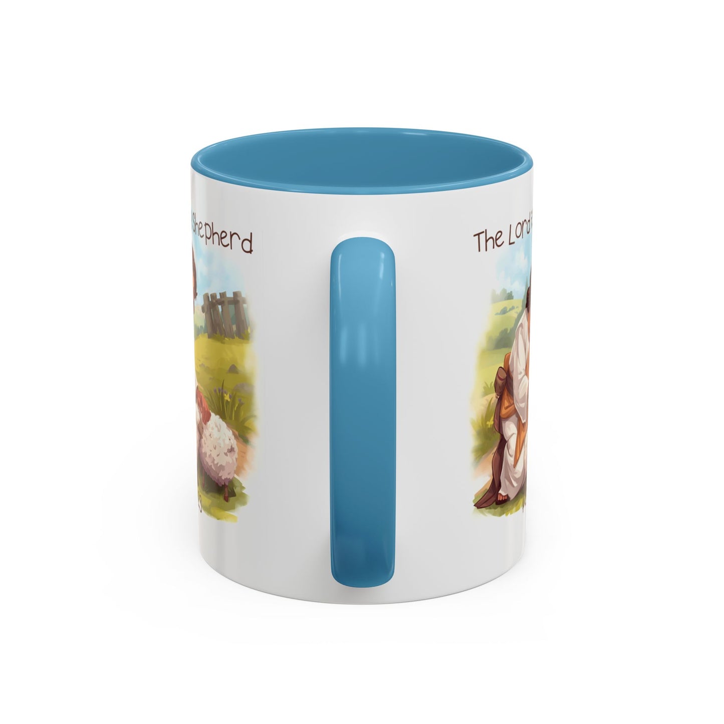 Mug - The Lord is my Shepherd Cartoon Art Design - Light Green/Blue Accent