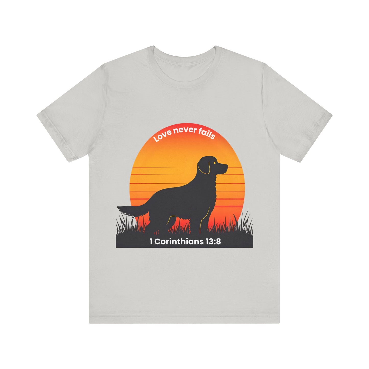 Love Never Fails – 1 Corinthians 13:8 Golden Retriever Sunrise Meadow T-Shirt