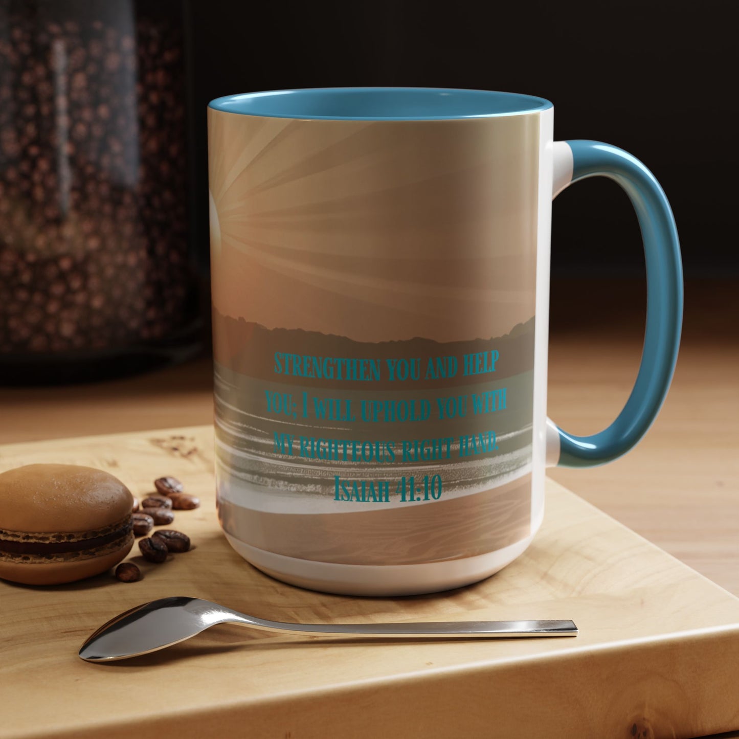 Mug - Isaiah 41:10 Beach Sunrise Gradient Design l Light Blue Accent