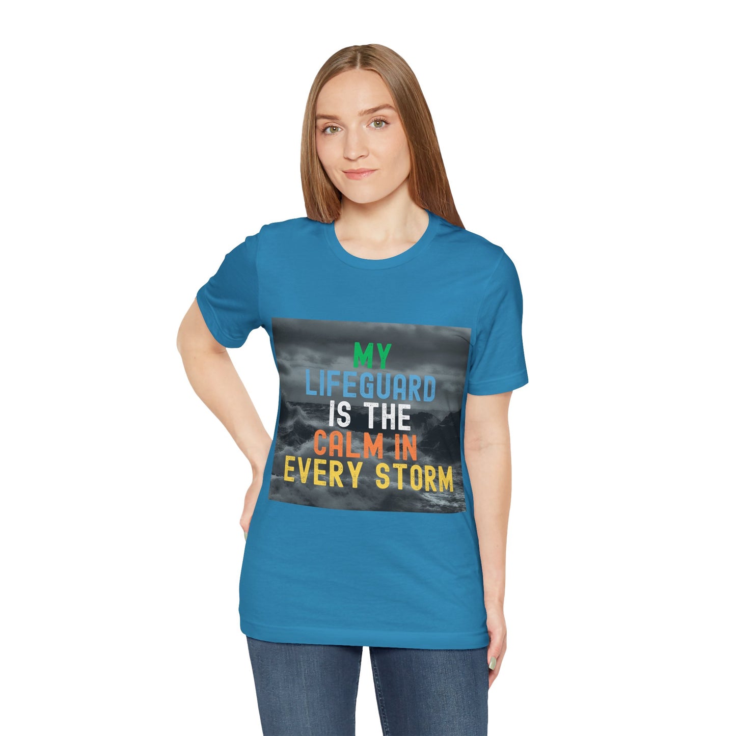 My Lifeguard Is The Calm In Every Storm Unisex Jersey T-Shirt Overlaying Waves in Background