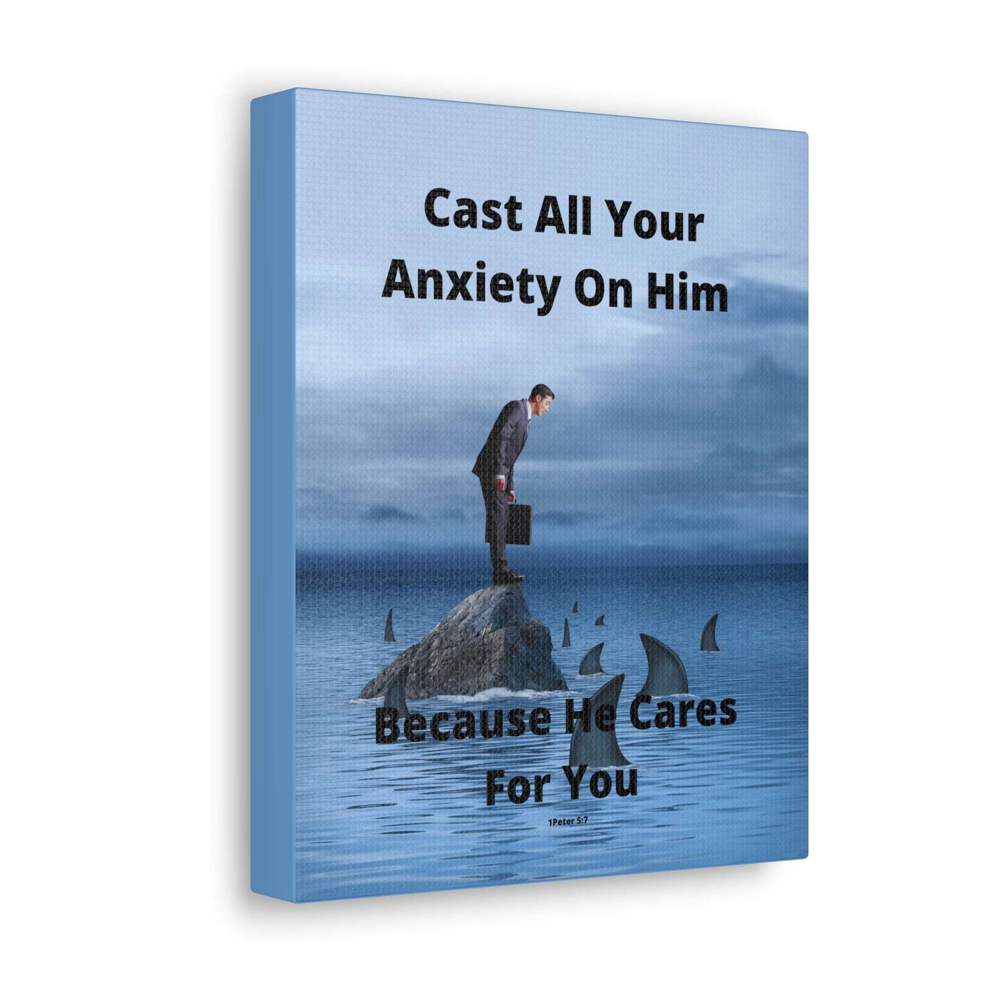 Man on Rock in Ocean with Sharks - Inspirational Art Canvas Featuring Bible Verse for Anxiety Relief