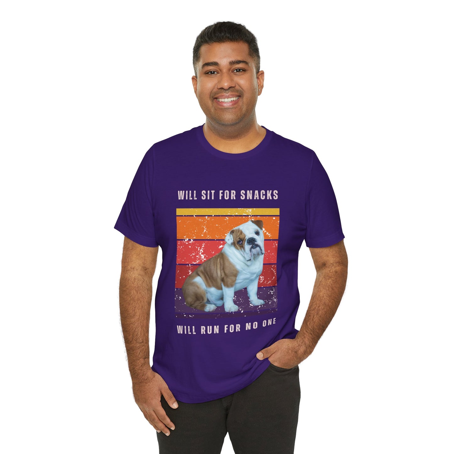 Retro Vintage English Bulldog T-Shirt – “Will Sit for Snacks, Will Run for No One” Funny Dog Lover Tee