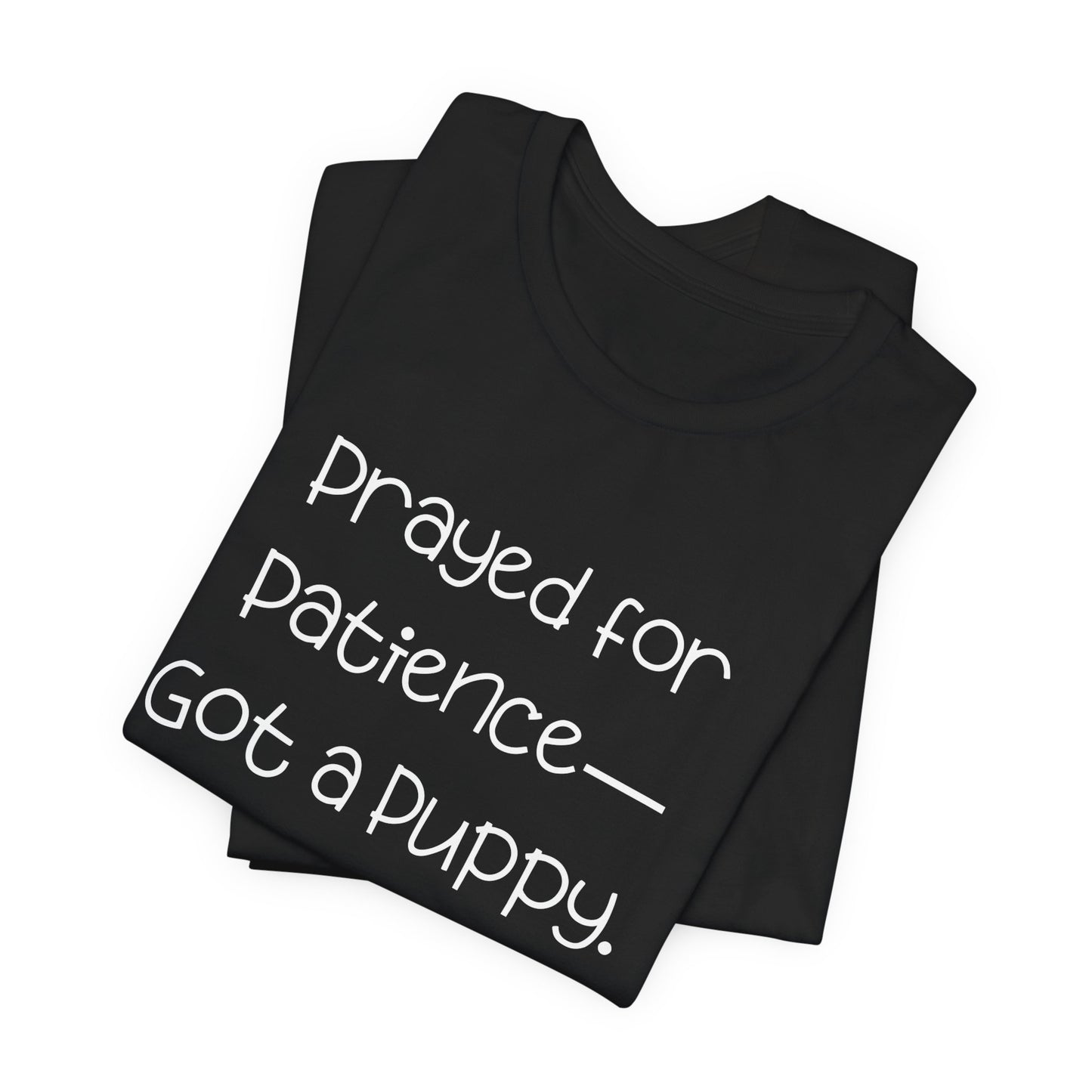 Funny Dog Lover T-Shirt – “Prayed for Patience, Got a Puppy” Christian Pet Humor Tee – God Has Jokes and They Chew Shoes