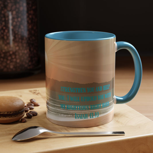 Mug - Isaiah 41:10 Beach Sunrise Gradient Design l Light Blue Accent