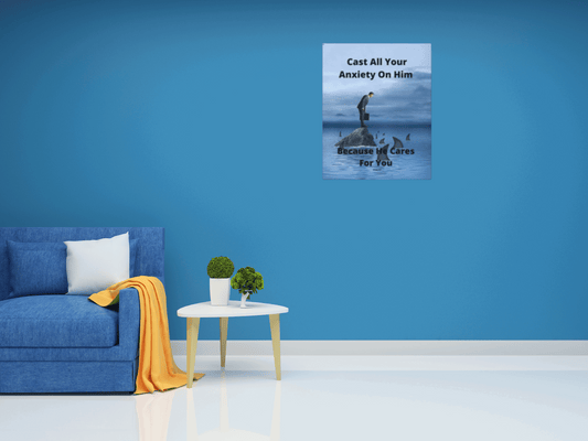 Man on Rock in Ocean with Sharks - Inspirational Art Canvas Featuring Bible Verse for Anxiety Relief