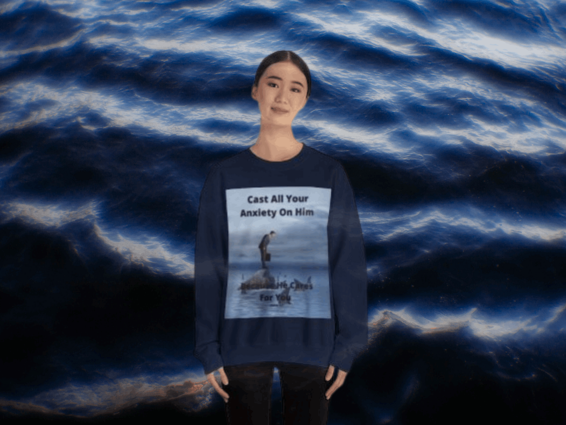 Cast Your Anxiety on Him Sweatshirt – Inspirational Christian Quote with Sharks & Rocks Design