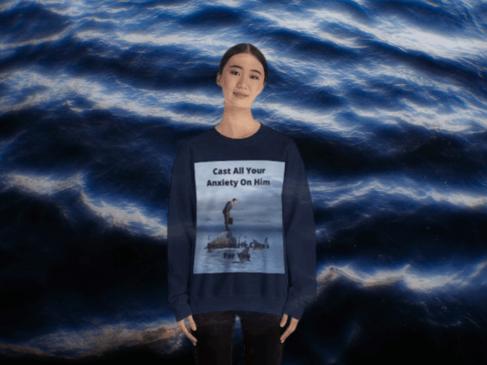 Cast Your Anxiety on Him Sweatshirt – Inspirational Christian Quote with Sharks & Rocks Design