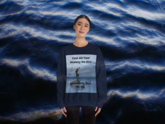 Cast Your Anxiety on Him Sweatshirt – Inspirational Christian Quote with Sharks & Rocks Design
