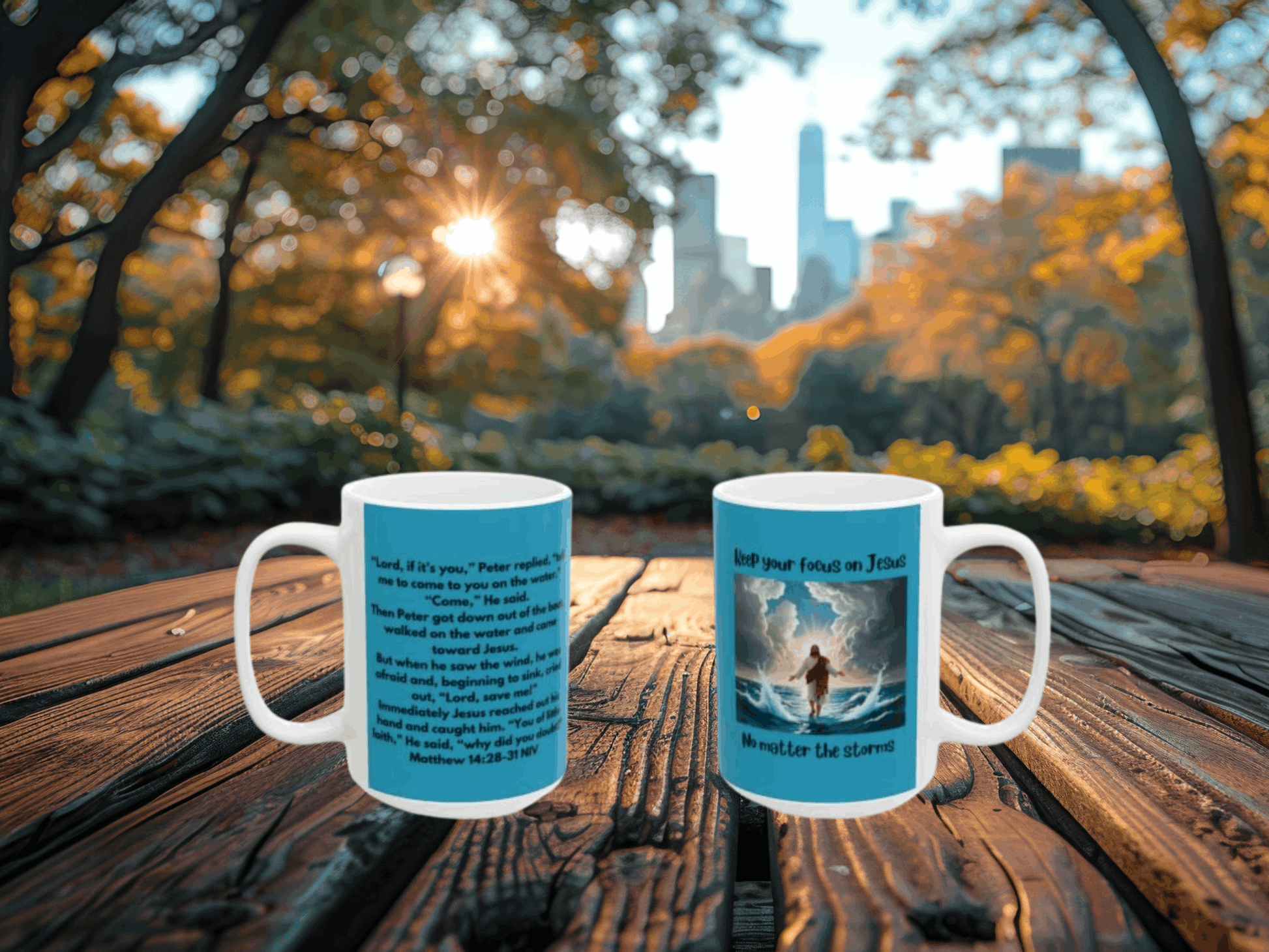 Inspirational Bible Verse Mug to Encourage Focus on Jesus Even in the Storms - Matthew 14:28-31 - Turquoise