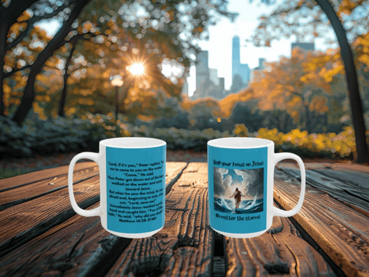 Inspirational Bible Verse Mug to Encourage Focus on Jesus Even in the Storms - Matthew 14:28-31 - Turquoise