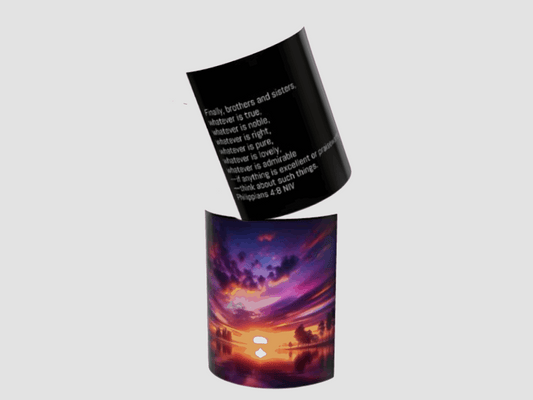 Inspirational Christian Mug – Colorful Sunrise with Philippians 4:8 | Faith Coffee Cup