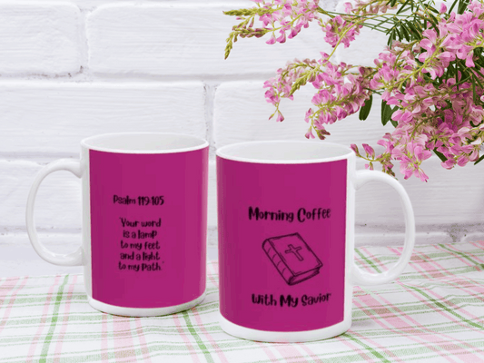 Pink Inspirational Ceramic Mug - Morning Coffee with My Savior - Psalm 119:105