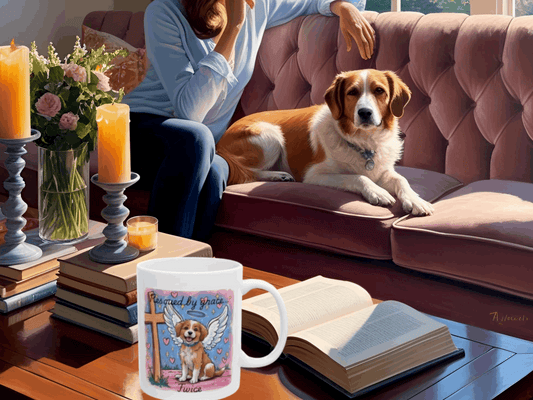"Saved by Grace – Twice" Dog Angel Wings Faith Mug