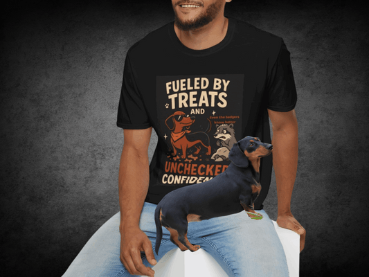 Funny Dachshund T-Shirt – "Fueled by Treats and Unchecked Confidence" with Badger Design