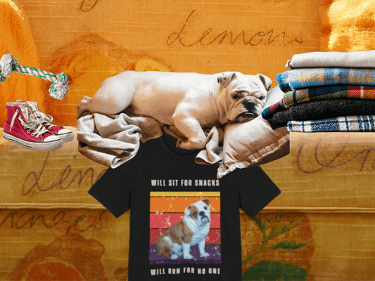 Retro Vintage English Bulldog T-Shirt – “Will Sit for Snacks, Will Run for No One” Funny Dog Lover Tee