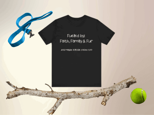 Funny Faith and Dog Mom T-Shirt – “Fueled by Faith, Family and Fur” Christian Pet Lover Tee with Coffee Humor
