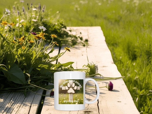 Christian Pet Lover Mug – "My Shepherd Knows My Name Too" with Cross & Paw Design