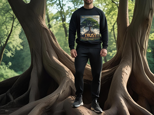 "No Matter What, Trust in God" Christian Sweatshirt – Rooted Faith Graphic sweatshirt with Storm & Wildlife