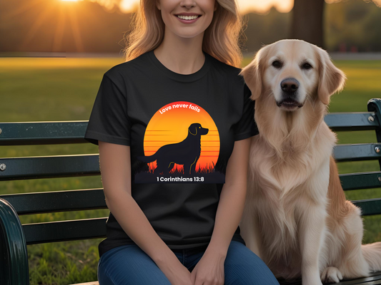 Love Never Fails – 1 Corinthians 13:8 Golden Retriever Sunrise Meadow T-Shirt
