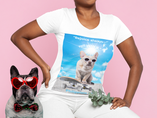 French Bulldog Skateboard T-Shirt – "Rejoice Always, Roll With It" – Philippians 4:4 Christian Dog Lover Gift
